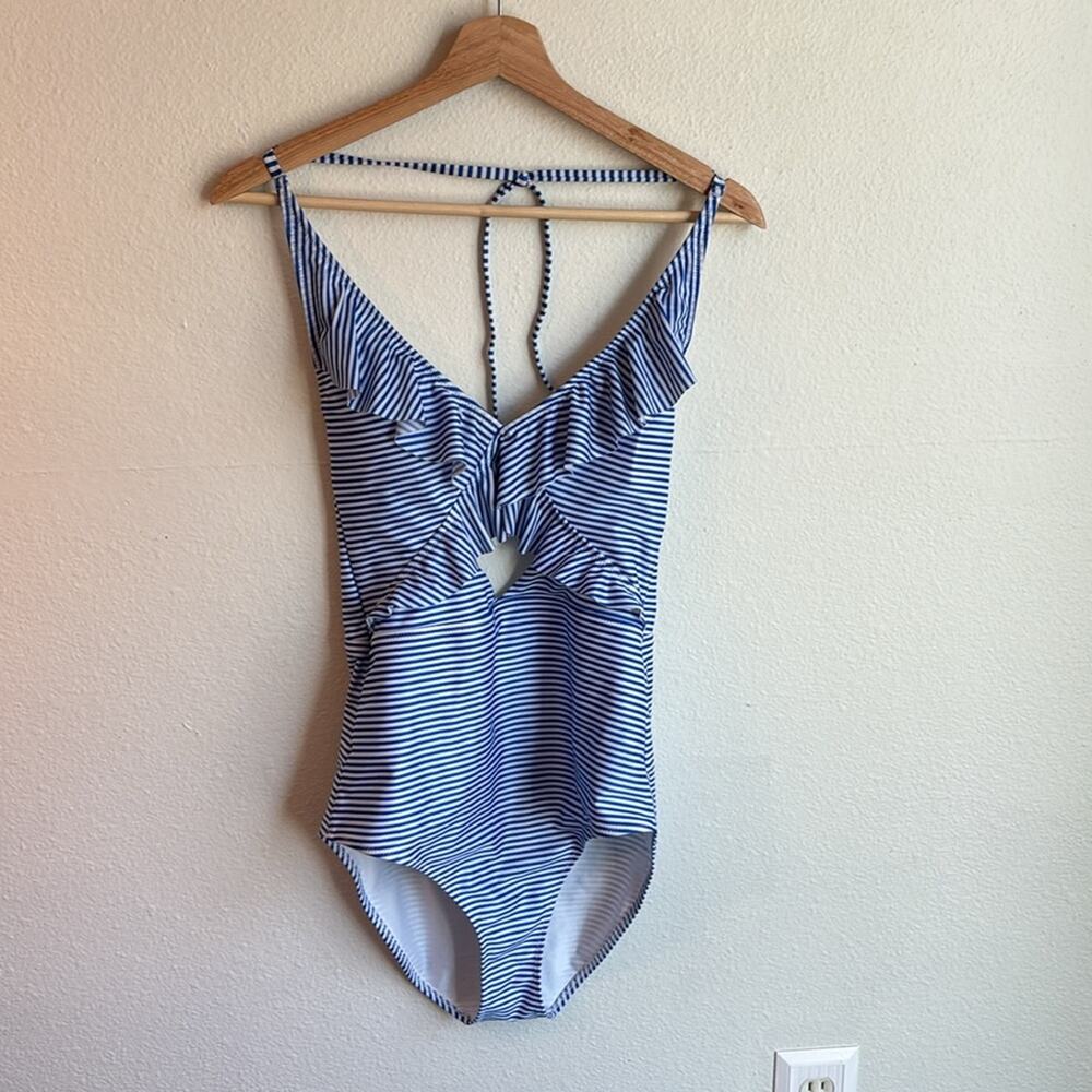 AERIE Blue Gingham Halter One Piece Cut Out M Long - Picture 2 of 6